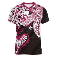 Monstera Plumeria Flowers Pink Women V-Neck T-Shirt Polynesian Pattern LT01 Female Pink - Polynesian Pride