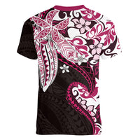 Monstera Plumeria Flowers Pink Women V-Neck T-Shirt Polynesian Pattern LT01 - Polynesian Pride