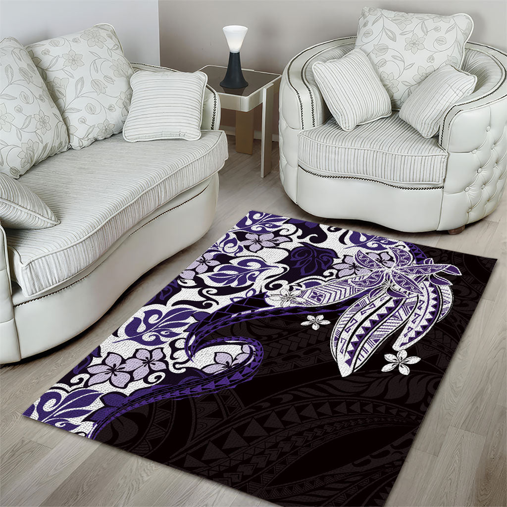 Monstera Plumeria Flowers Purple Area Rug Polynesian Pattern