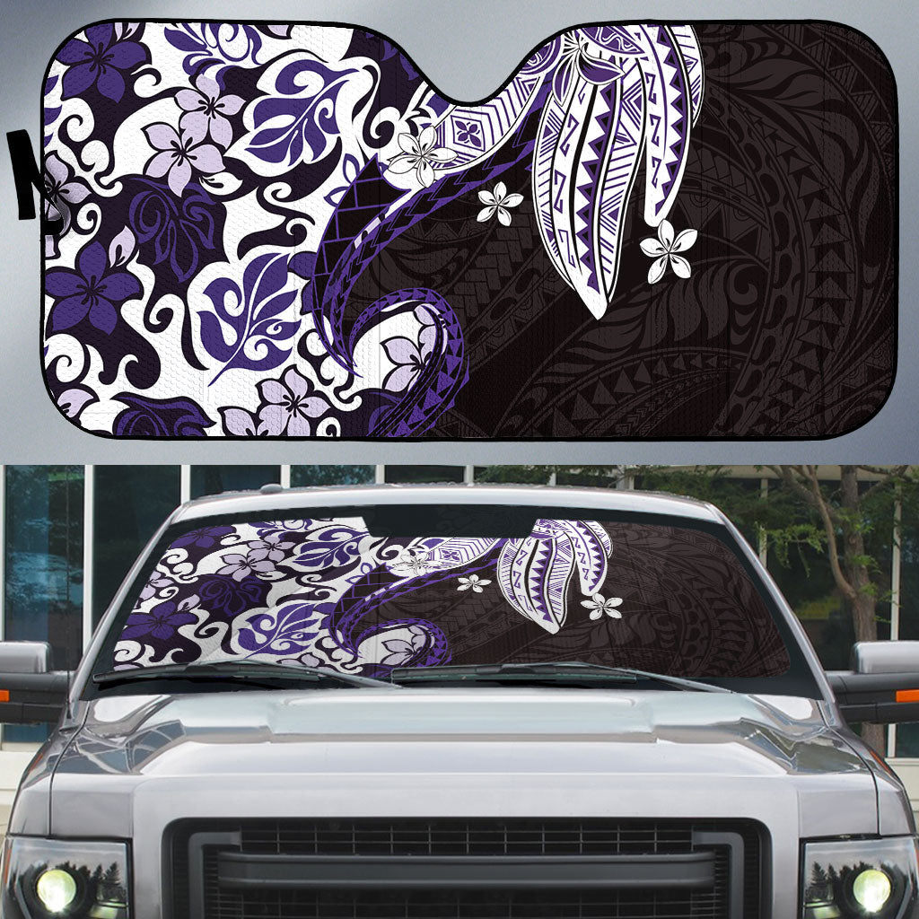 Monstera Plumeria Flowers Purple Auto Sun Shade Polynesian Pattern LT01 Purple - Polynesian Pride