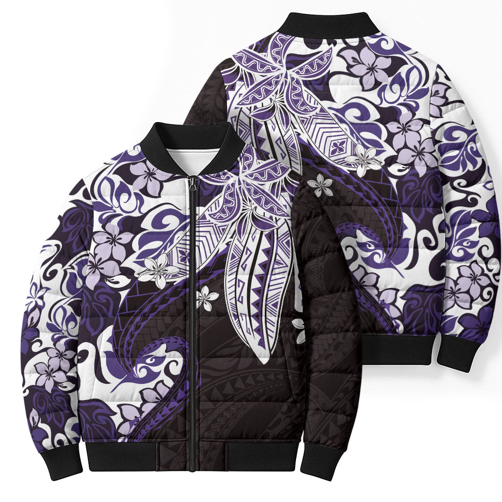 Monstera Plumeria Flowers Purple Bomber Puffer Jacket Polynesian Pattern LT01 - Polynesian Pride