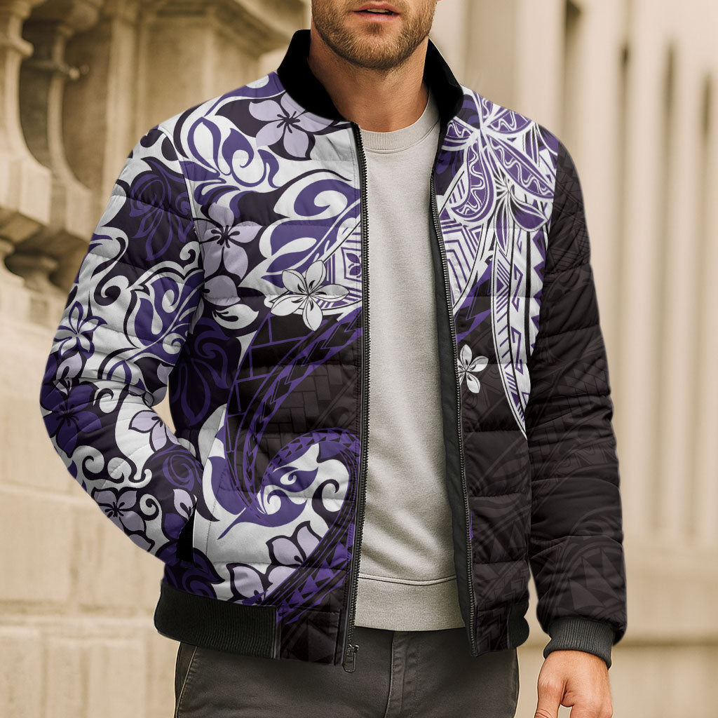 Monstera Plumeria Flowers Purple Bomber Puffer Jacket Polynesian Pattern LT01 - Polynesian Pride