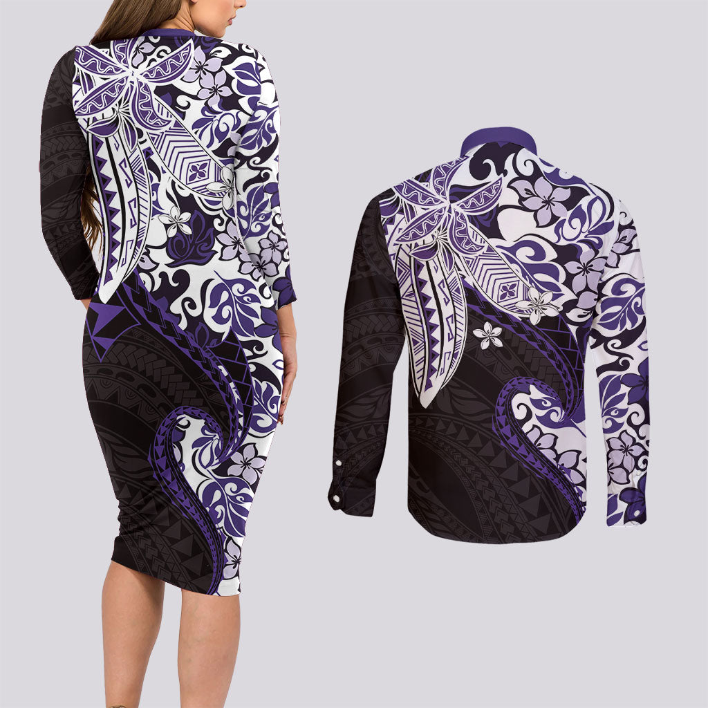 Monstera Plumeria Flowers Purple Couples Matching Long Sleeve Bodycon Dress and Long Sleeve Button Shirt Polynesian Pattern LT01 - Polynesian Pride