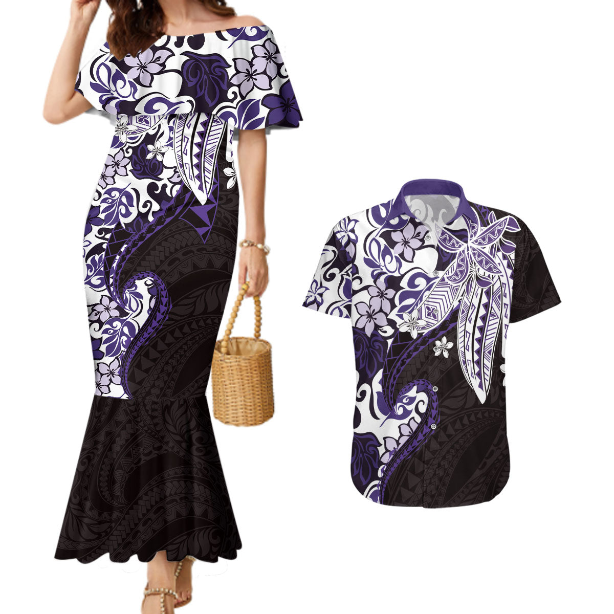 Monstera Plumeria Flowers Purple Couples Matching Mermaid Dress and Hawaiian Shirt Polynesian Pattern LT01 Purple - Polynesian Pride