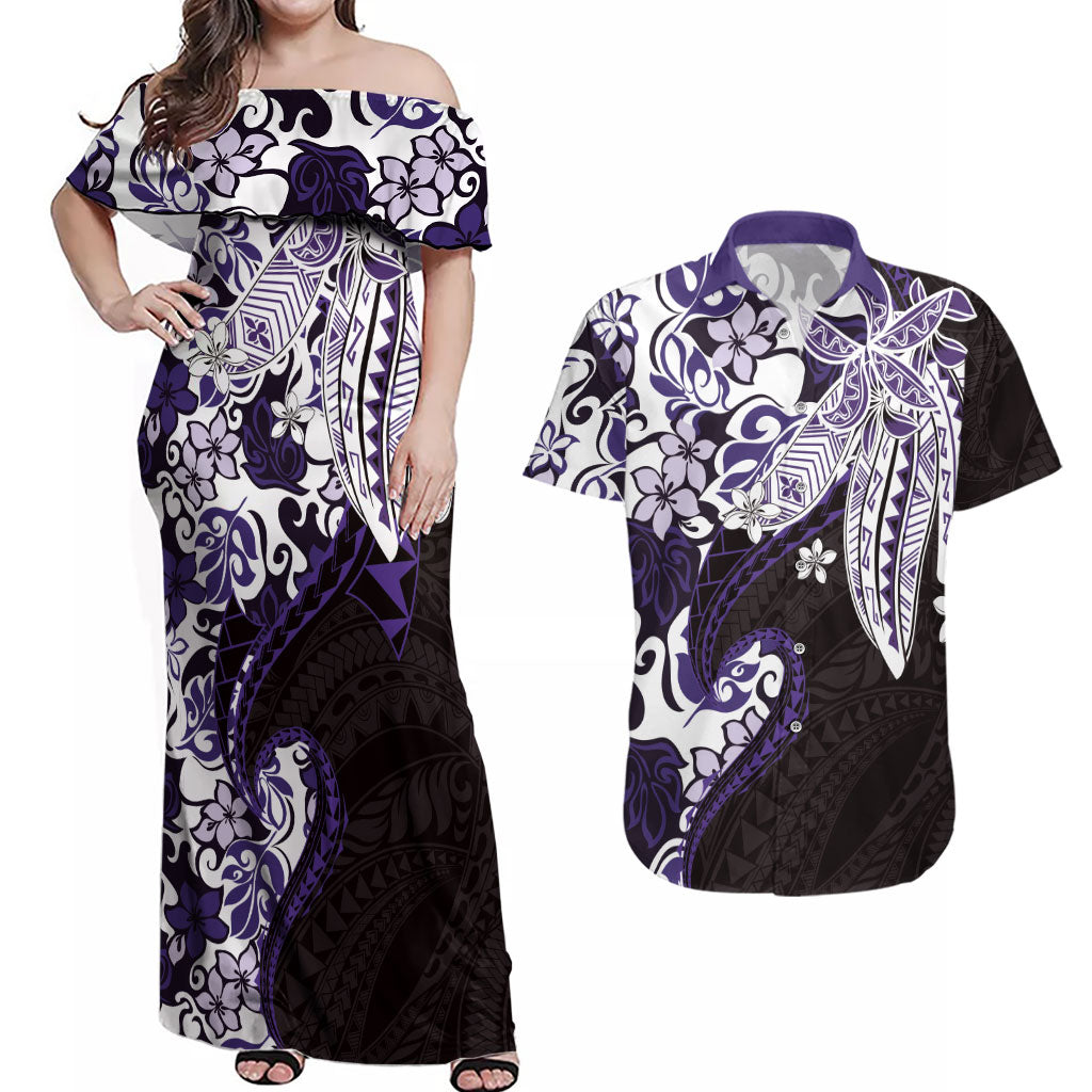 Monstera Plumeria Flowers Purple Couples Matching Off Shoulder Maxi Dress and Hawaiian Shirt Polynesian Pattern LT01 Purple - Polynesian Pride