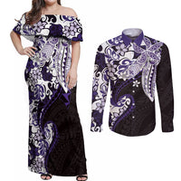 Monstera Plumeria Flowers Purple Couples Matching Off Shoulder Maxi Dress and Long Sleeve Button Shirt Polynesian Pattern LT01 Purple - Polynesian Pride
