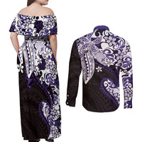 Monstera Plumeria Flowers Purple Couples Matching Off Shoulder Maxi Dress and Long Sleeve Button Shirt Polynesian Pattern LT01 - Polynesian Pride