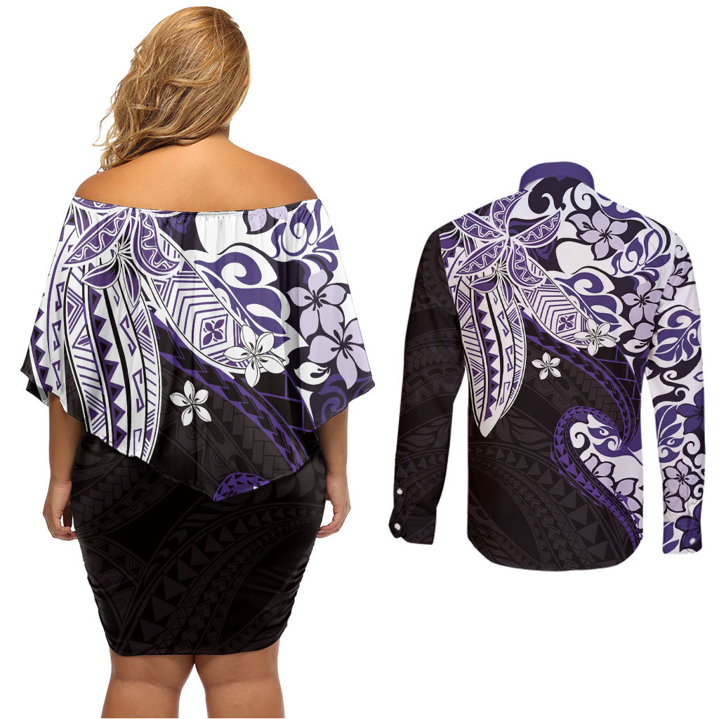 Monstera Plumeria Flowers Purple Couples Matching Off Shoulder Short Dress and Long Sleeve Button Shirt Polynesian Pattern LT01 - Polynesian Pride