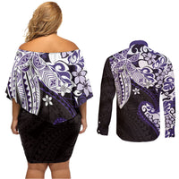 Monstera Plumeria Flowers Purple Couples Matching Off Shoulder Short Dress and Long Sleeve Button Shirt Polynesian Pattern LT01 - Polynesian Pride