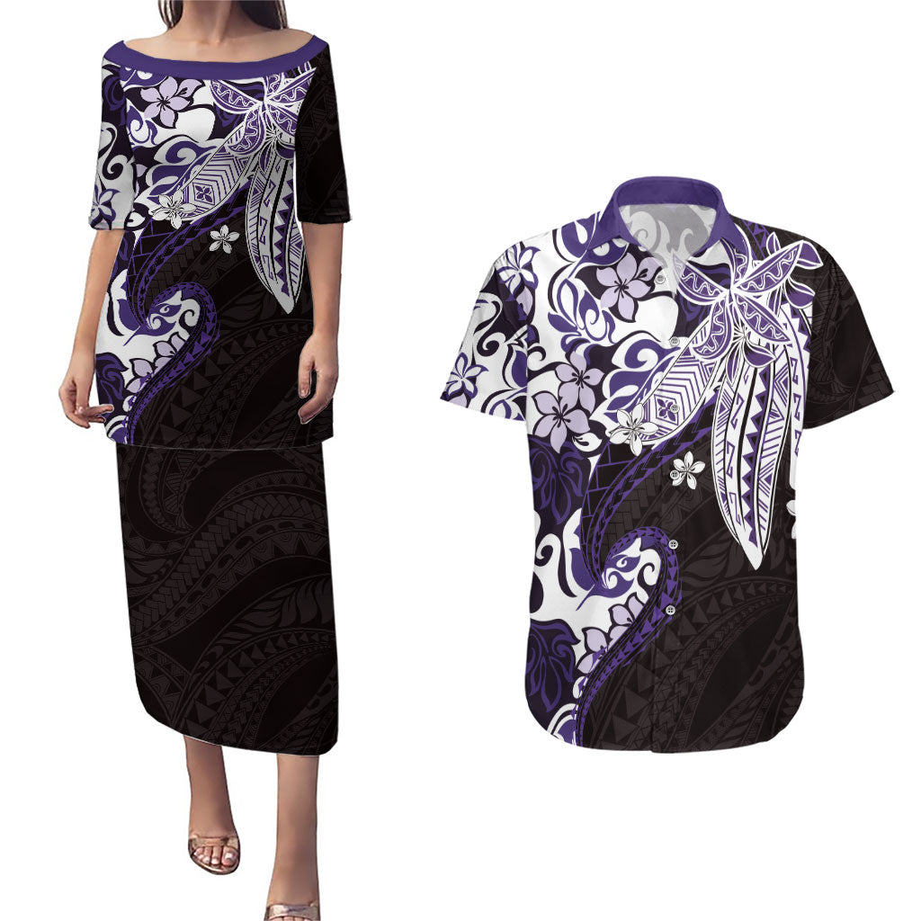 Monstera Plumeria Flowers Purple Couples Matching Puletasi and Hawaiian Shirt Polynesian Pattern LT01 Purple - Polynesian Pride