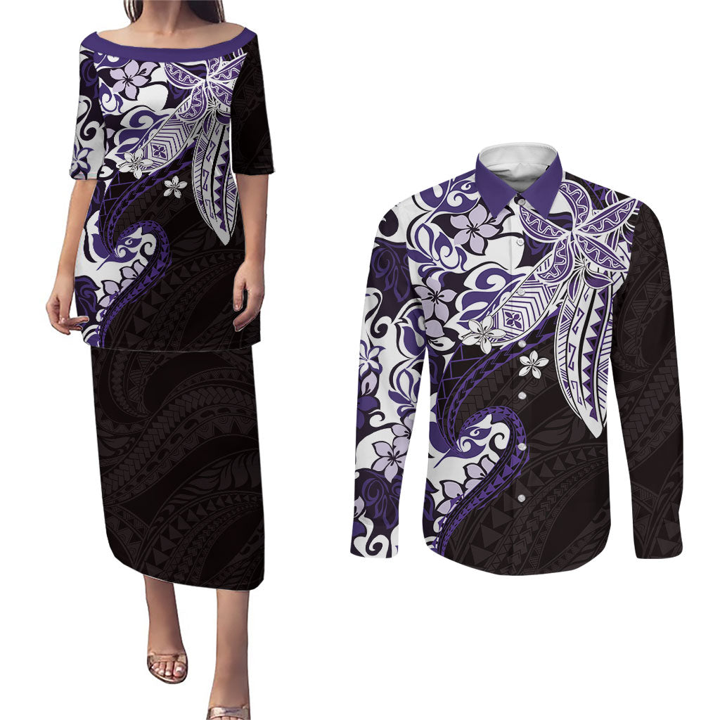 Monstera Plumeria Flowers Purple Couples Matching Puletasi and Long Sleeve Button Shirt Polynesian Pattern LT01 Purple - Polynesian Pride