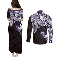 Monstera Plumeria Flowers Purple Couples Matching Puletasi and Long Sleeve Button Shirt Polynesian Pattern LT01 - Polynesian Pride