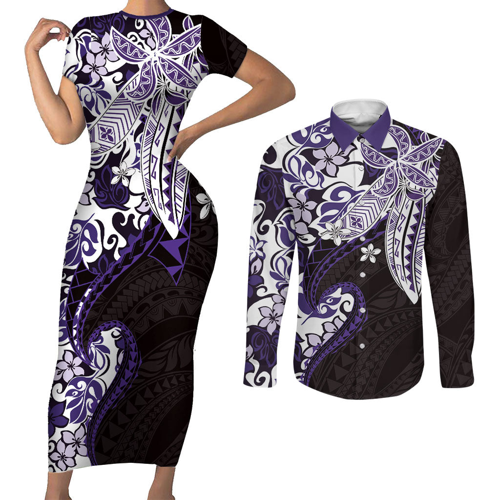Monstera Plumeria Flowers Purple Couples Matching Short Sleeve Bodycon Dress and Long Sleeve Button Shirt Polynesian Pattern