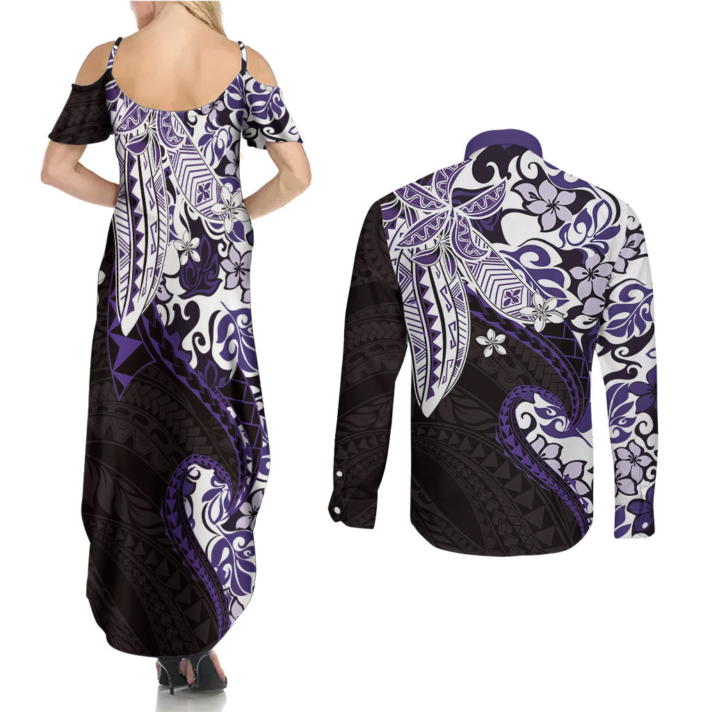 Monstera Plumeria Flowers Purple Couples Matching Summer Maxi Dress and Long Sleeve Button Shirt Polynesian Pattern LT01 - Polynesian Pride