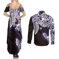 Monstera Plumeria Flowers Purple Couples Matching Summer Maxi Dress and Long Sleeve Button Shirt Polynesian Pattern LT01 - Polynesian Pride