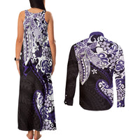 Monstera Plumeria Flowers Purple Couples Matching Tank Maxi Dress and Long Sleeve Button Shirt Polynesian Pattern