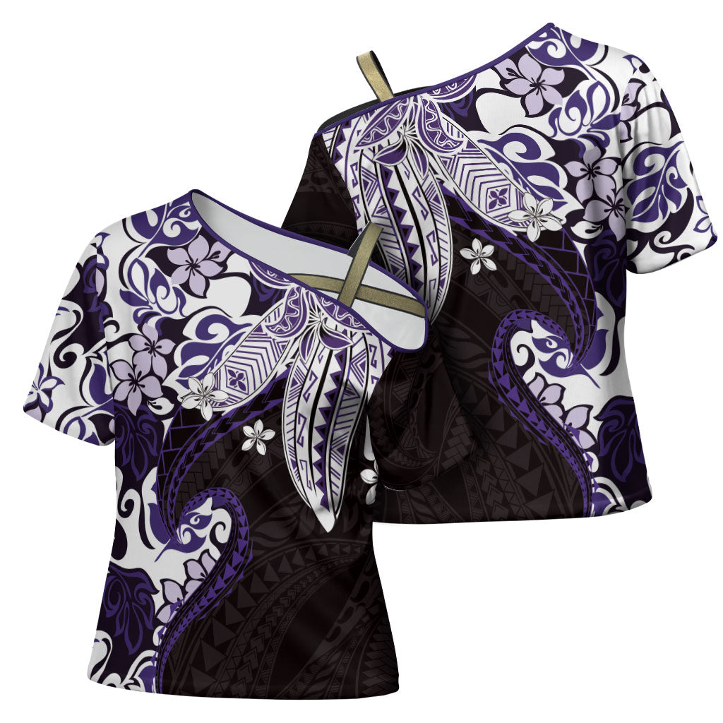 Monstera Plumeria Flowers Purple Cross Shoulder Shirt Polynesian Pattern LT01 - Polynesian Pride