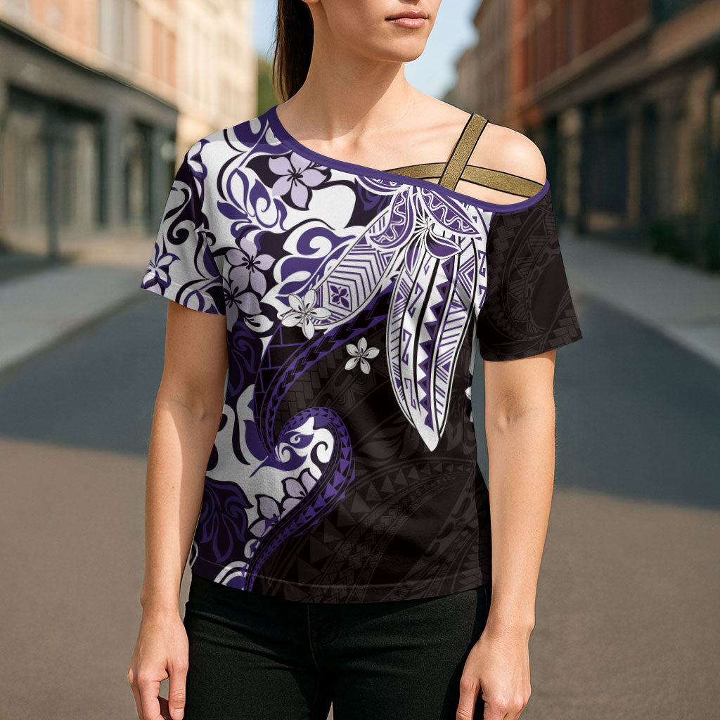 Monstera Plumeria Flowers Purple Cross Shoulder Shirt Polynesian Pattern LT01 - Polynesian Pride