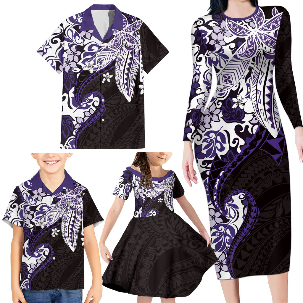 Monstera Plumeria Flowers Purple Family Matching Long Sleeve Bodycon Dress and Hawaiian Shirt Polynesian Pattern LT01 - Polynesian Pride