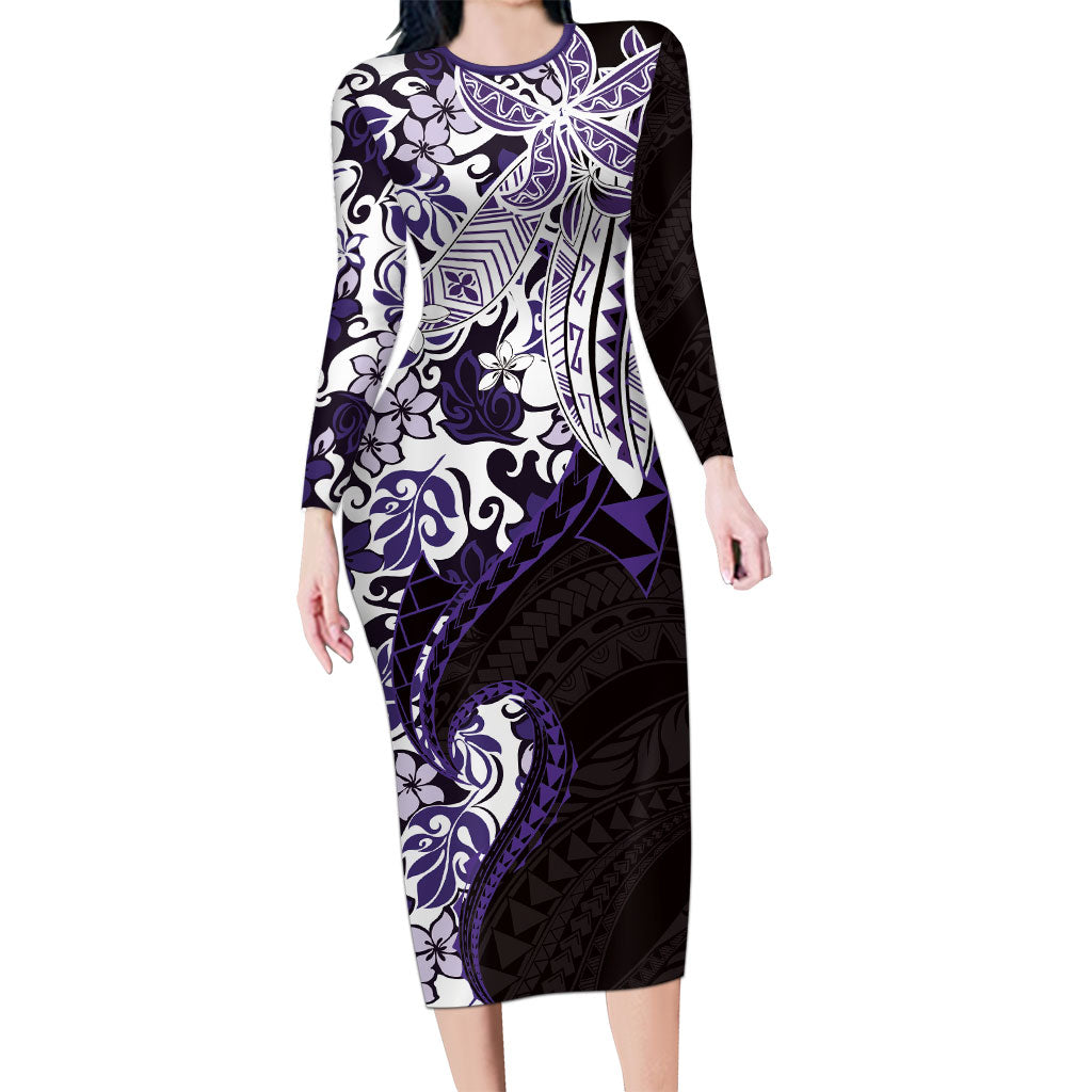 Monstera Plumeria Flowers Purple Family Matching Long Sleeve Bodycon Dress and Hawaiian Shirt Polynesian Pattern