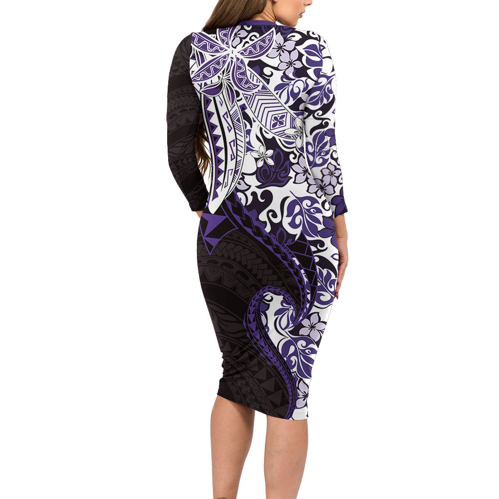 Monstera Plumeria Flowers Purple Family Matching Long Sleeve Bodycon Dress and Hawaiian Shirt Polynesian Pattern