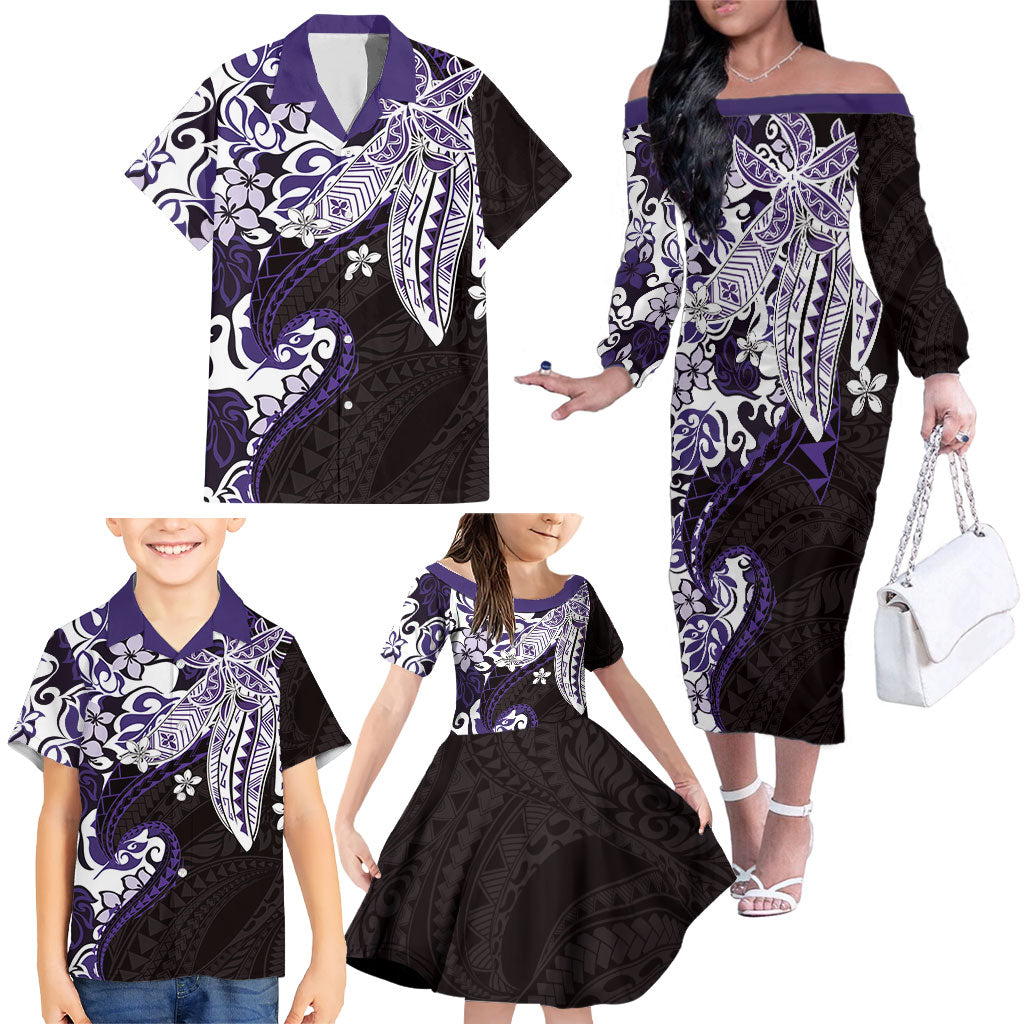 Monstera Plumeria Flowers Purple Family Matching Off The Shoulder Long Sleeve Dress and Hawaiian Shirt Polynesian Pattern LT01 - Polynesian Pride