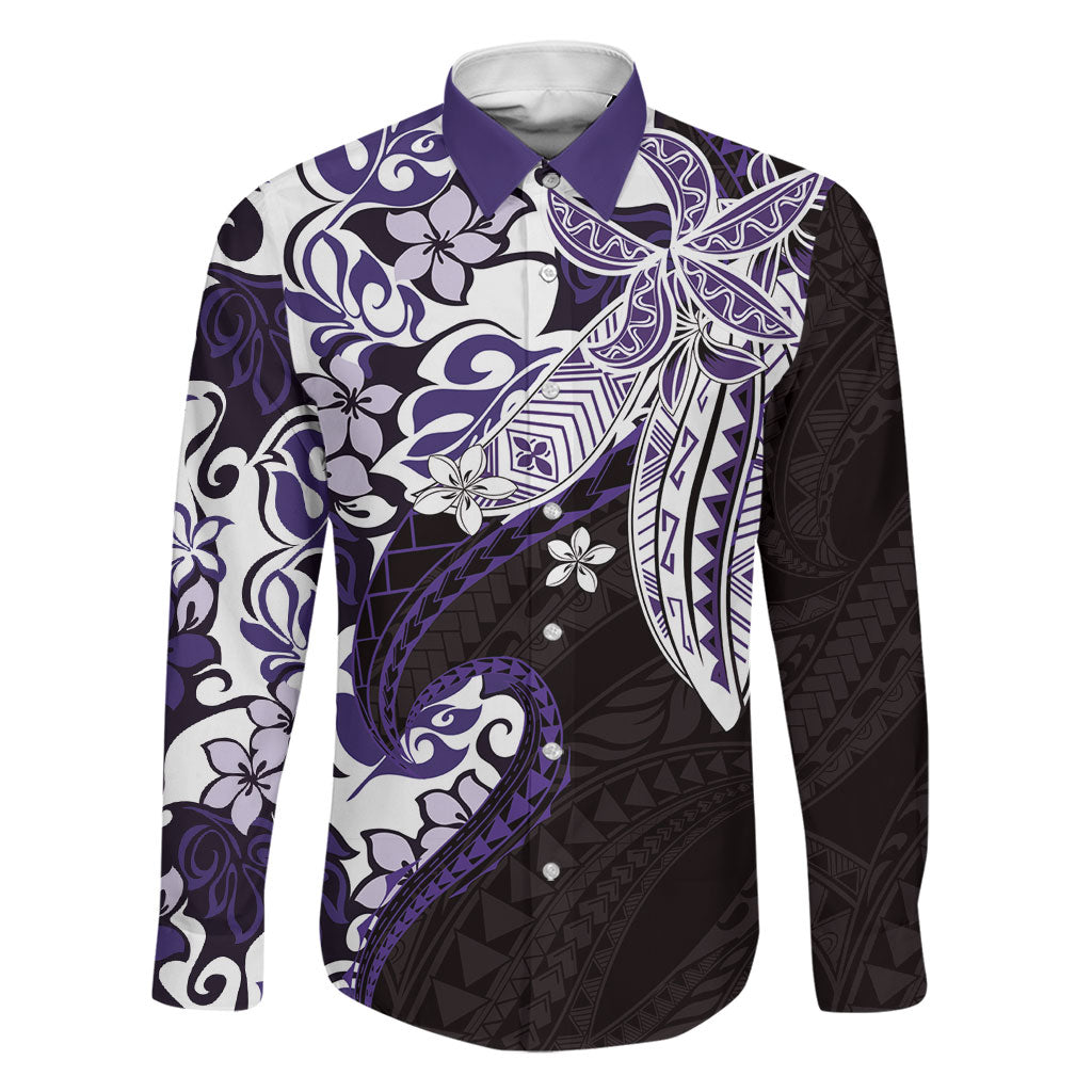 Monstera Plumeria Flowers Purple Family Matching Off The Shoulder Long Sleeve Dress and Hawaiian Shirt Polynesian Pattern