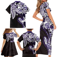 Monstera Plumeria Flowers Purple Family Matching Short Sleeve Bodycon Dress and Hawaiian Shirt Polynesian Pattern