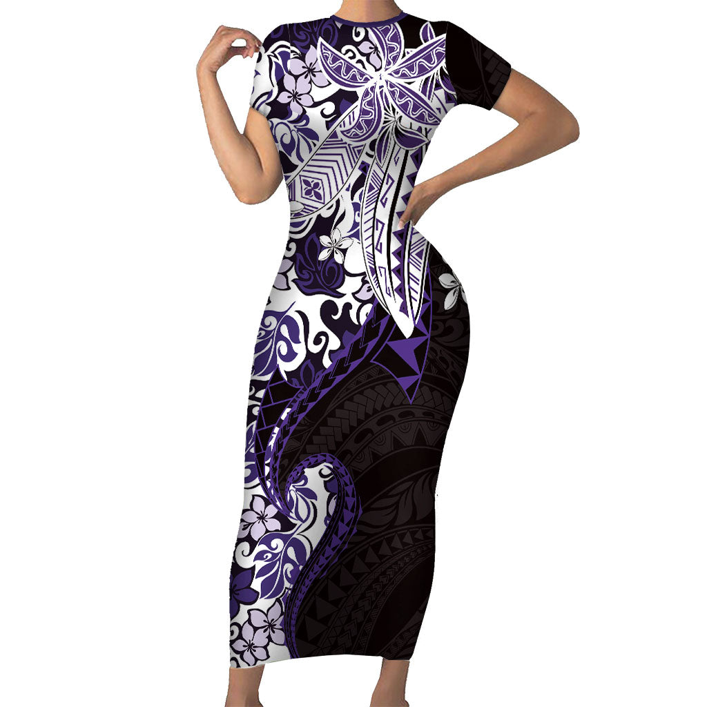 Monstera Plumeria Flowers Purple Family Matching Short Sleeve Bodycon Dress and Hawaiian Shirt Polynesian Pattern