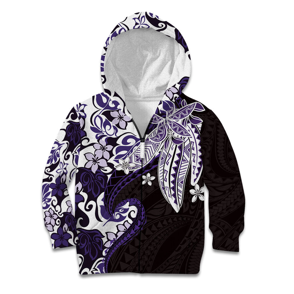 Monstera Plumeria Flowers Purple Kid Hoodie Polynesian Pattern