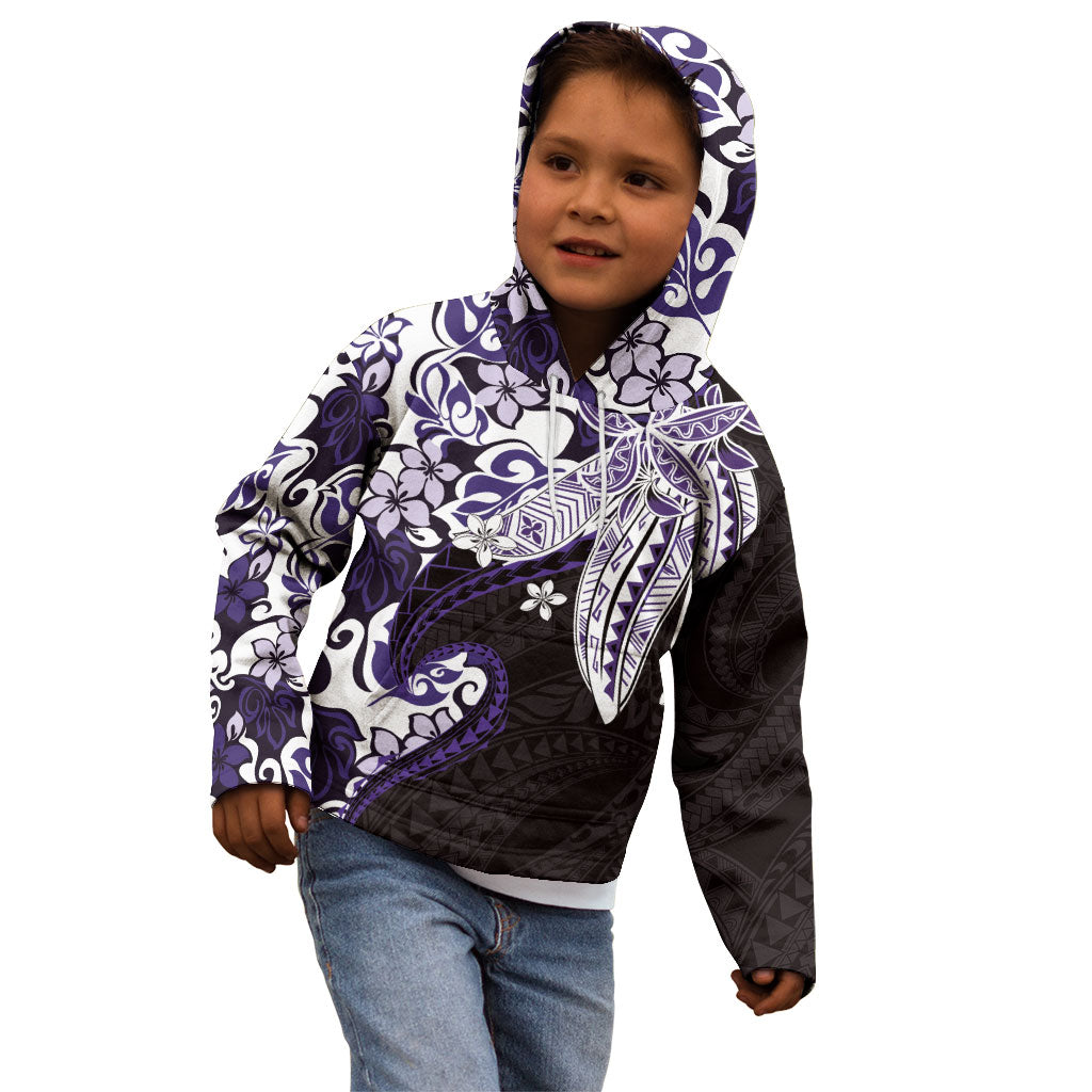 Monstera Plumeria Flowers Purple Kid Hoodie Polynesian Pattern