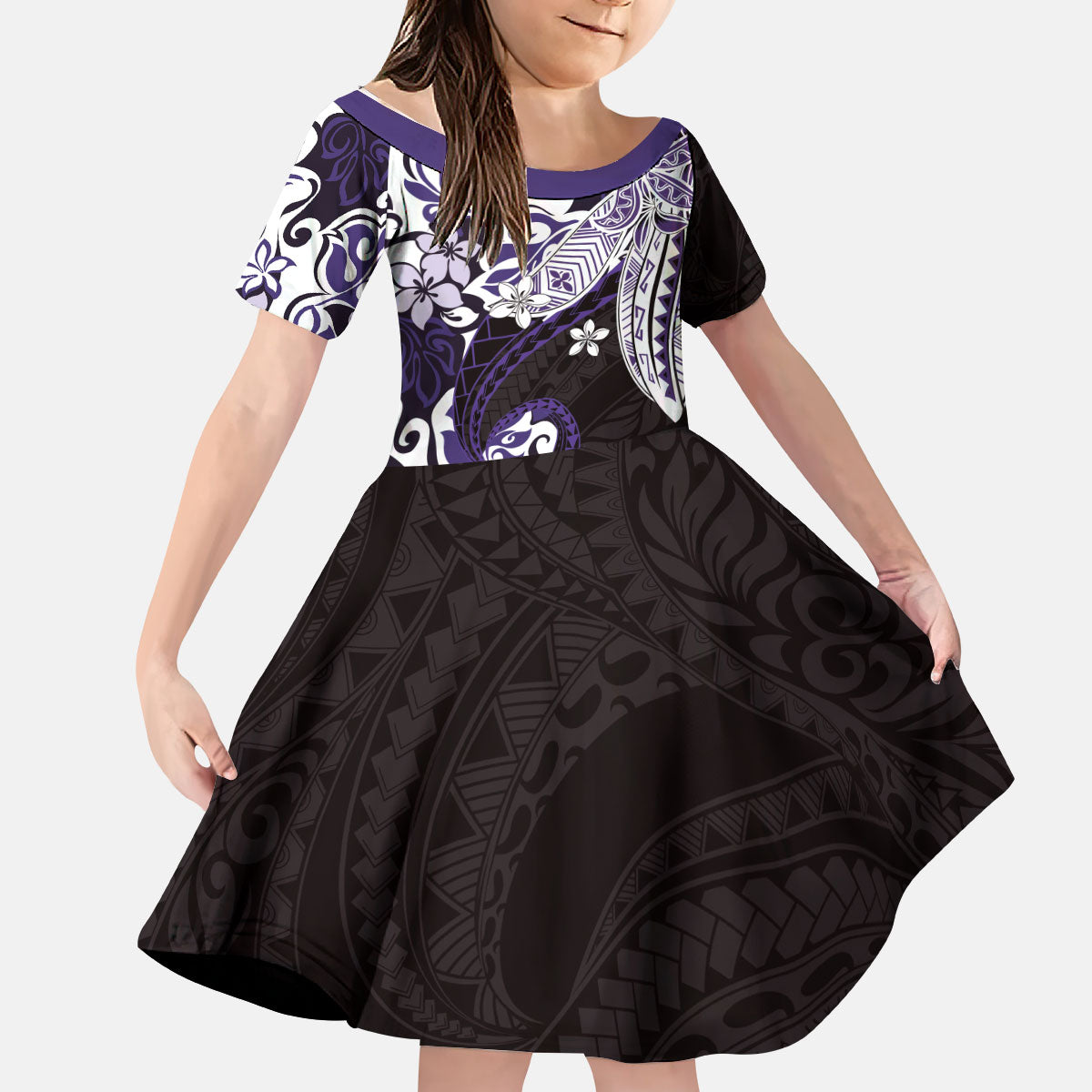 Monstera Plumeria Flowers Purple Kid Short Sleeve Dress Polynesian Pattern LT01 KID Purple - Polynesian Pride