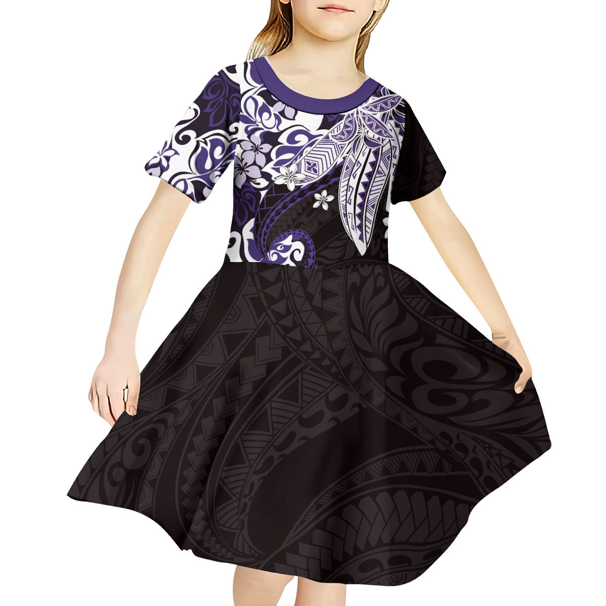 Monstera Plumeria Flowers Purple Kid Short Sleeve Dress Polynesian Pattern LT01 - Polynesian Pride
