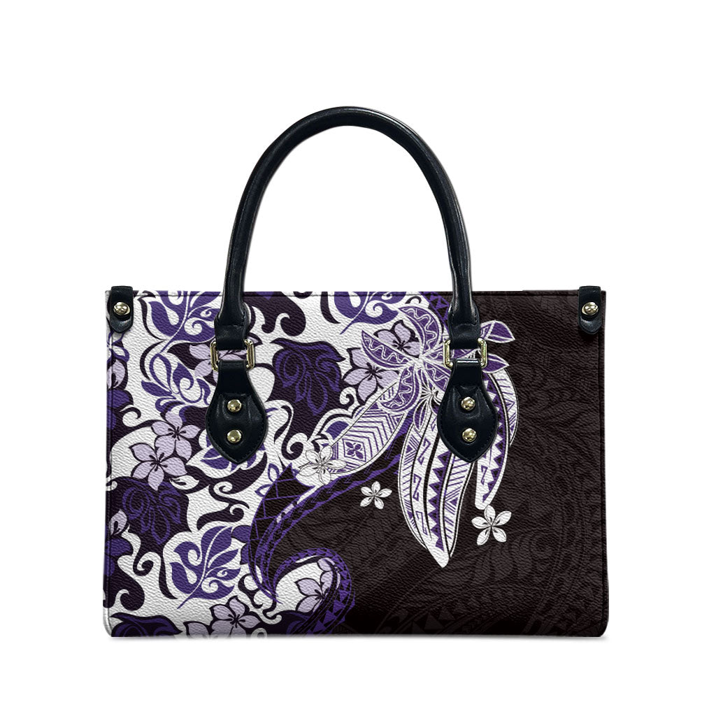 Monstera Plumeria Flowers Purple Leather Bag Polynesian Pattern