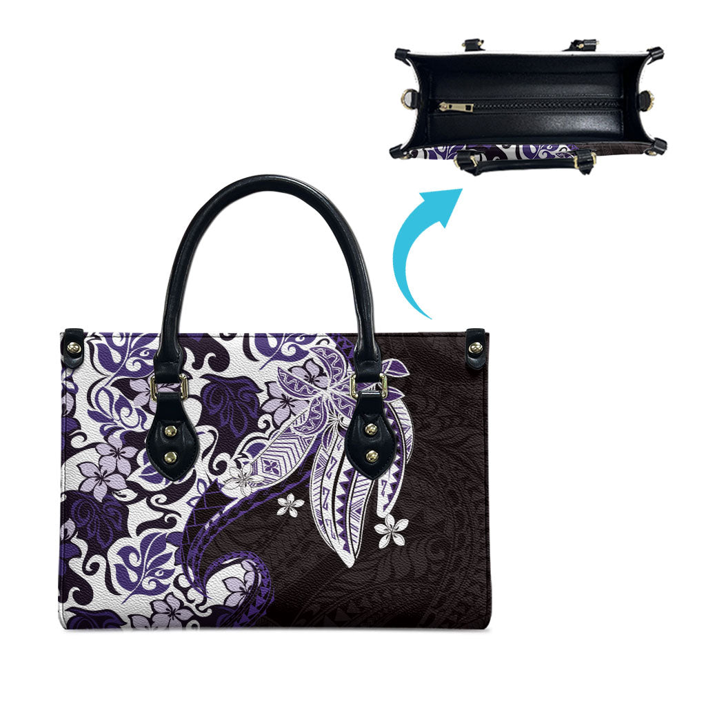 Monstera Plumeria Flowers Purple Leather Bag Polynesian Pattern