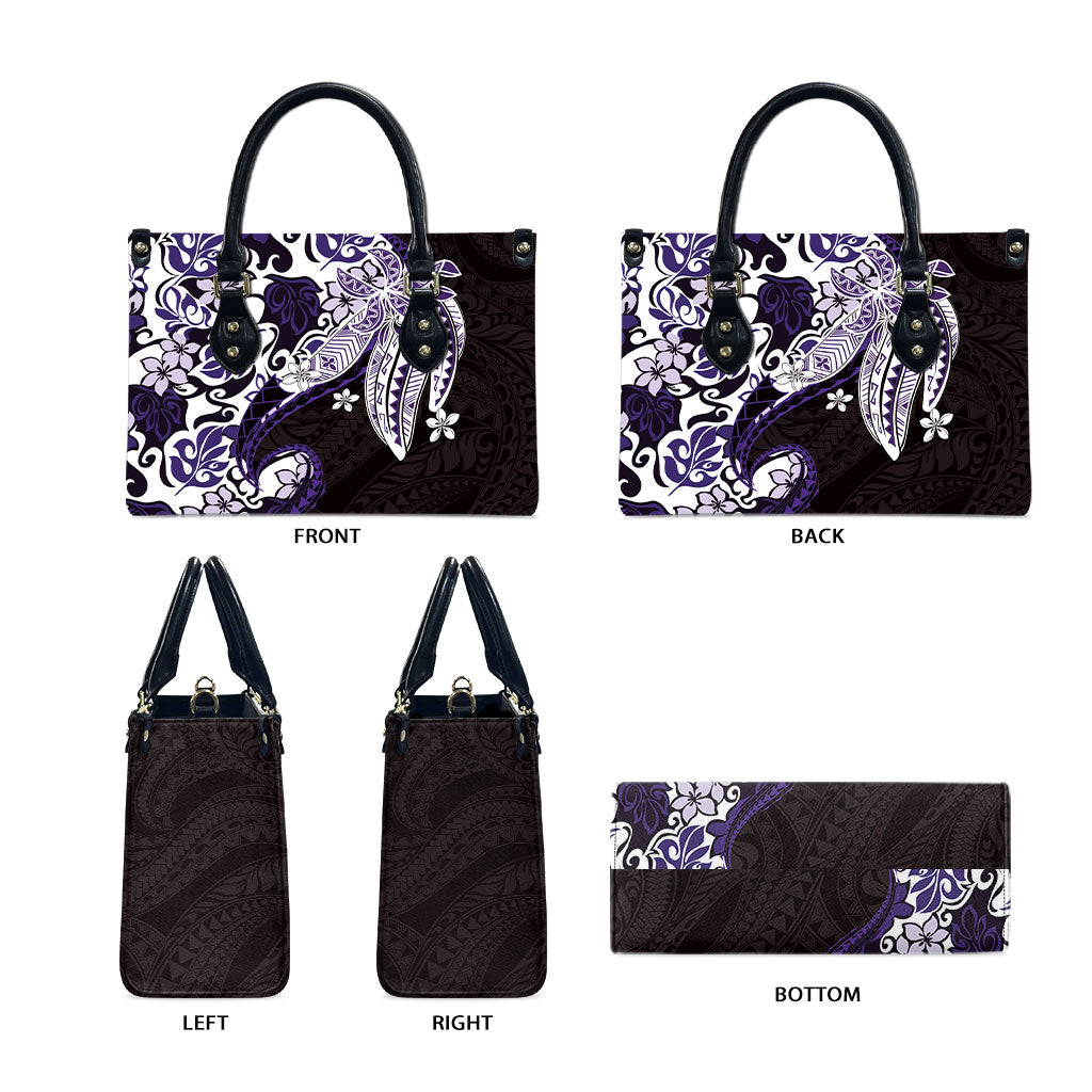 Monstera Plumeria Flowers Purple Leather Bag Polynesian Pattern