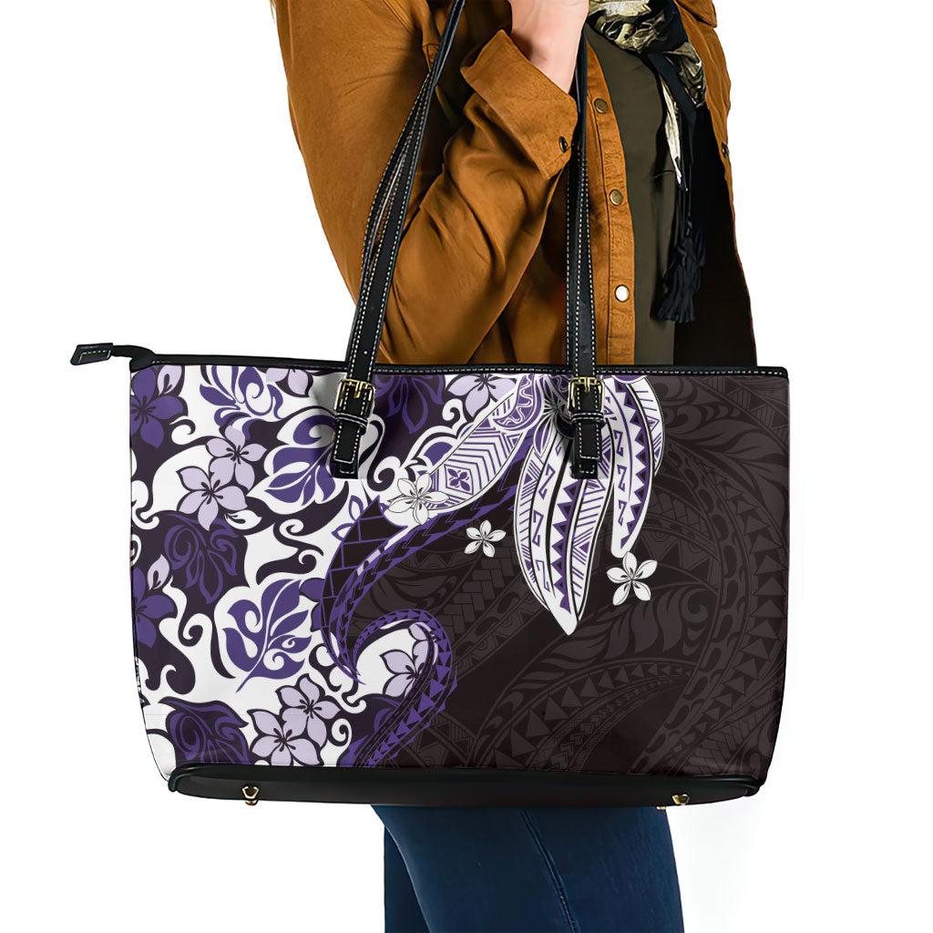 Monstera Plumeria Flowers Purple Leather Tote Bag Polynesian Pattern LT01 - Polynesian Pride