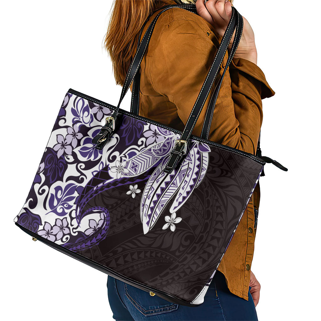 Monstera Plumeria Flowers Purple Leather Tote Bag Polynesian Pattern LT01 - Polynesian Pride