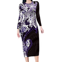 Monstera Plumeria Flowers Purple Long Sleeve Bodycon Dress Polynesian Pattern LT01 Long Dress Purple - Polynesian Pride