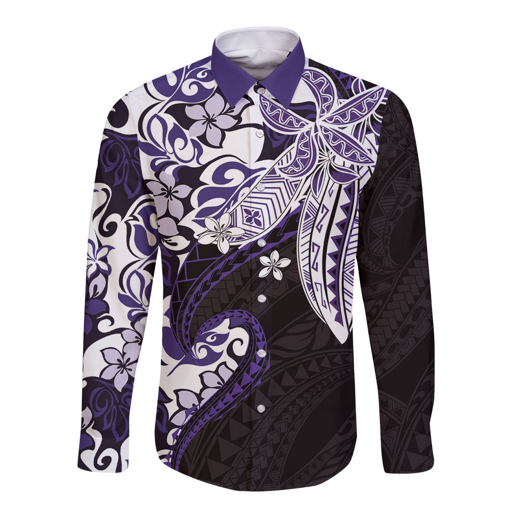 Monstera Plumeria Flowers Purple Long Sleeve Button Shirt Polynesian Pattern LT01 Unisex Purple - Polynesian Pride