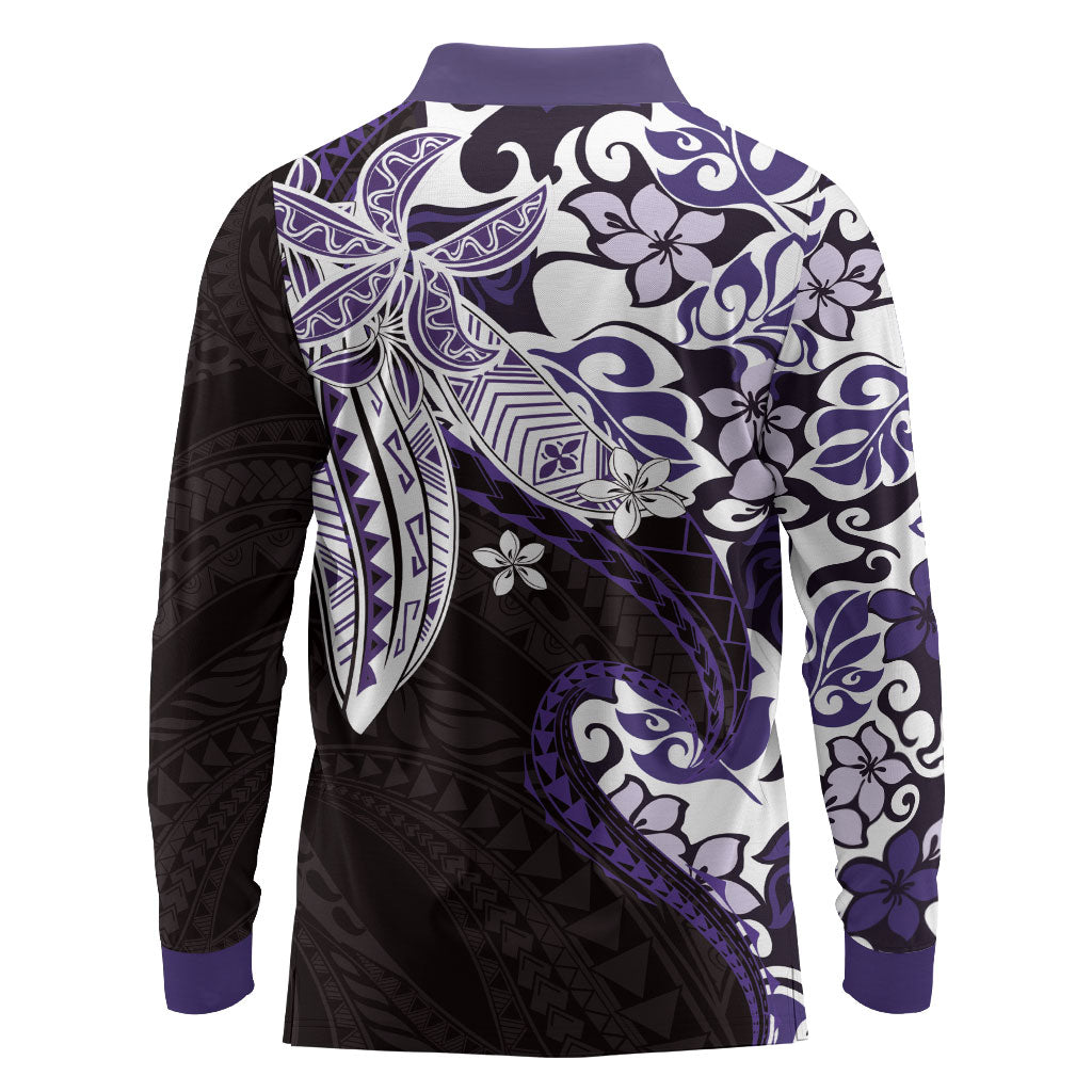 Monstera Plumeria Flowers Purple Long Sleeve Polo Shirt Polynesian Pattern LT01 - Polynesian Pride