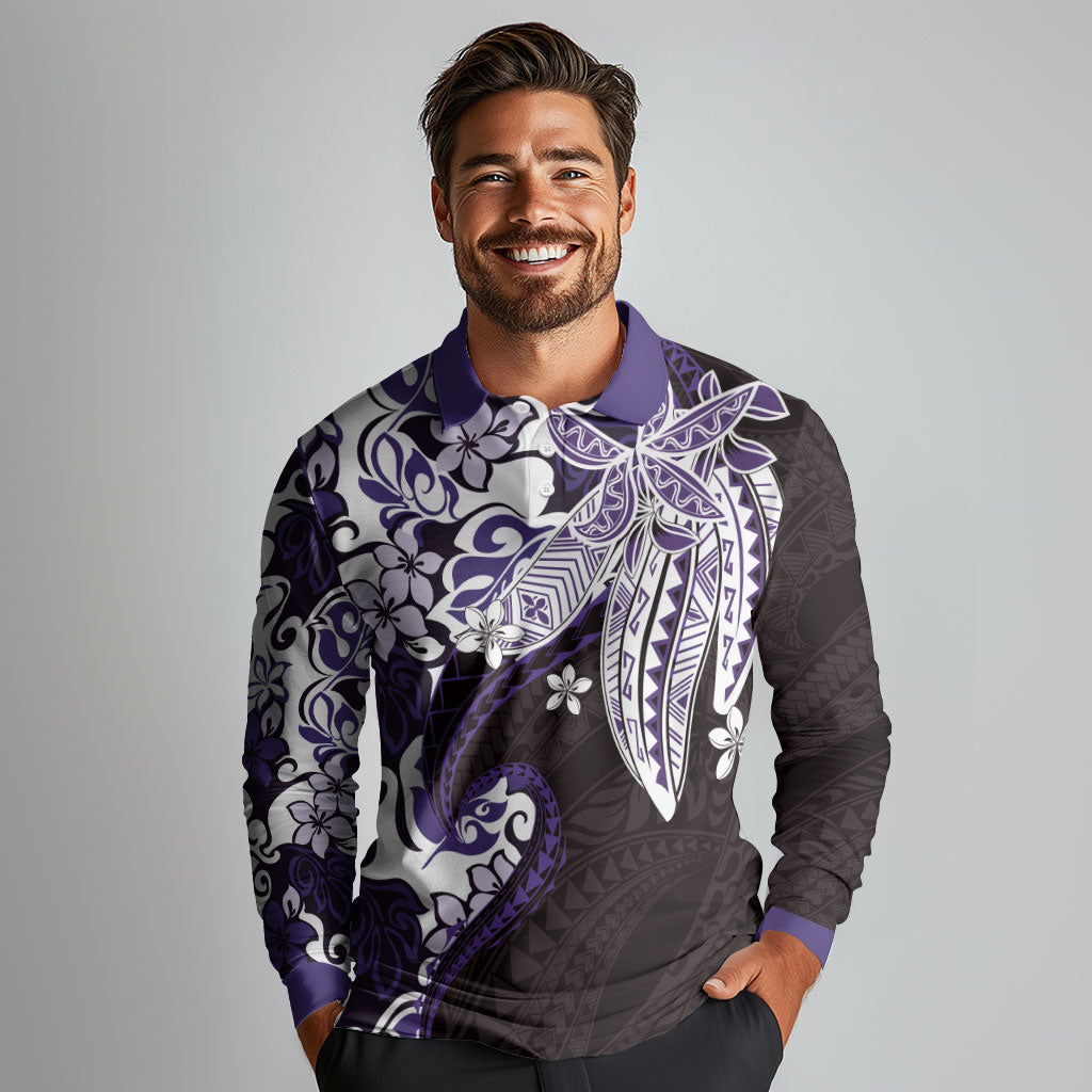 Monstera Plumeria Flowers Purple Long Sleeve Polo Shirt Polynesian Pattern LT01 - Polynesian Pride