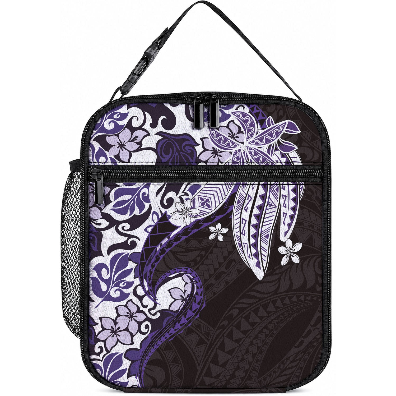 Monstera Plumeria Flowers Purple Lunch Bag Polynesian Pattern