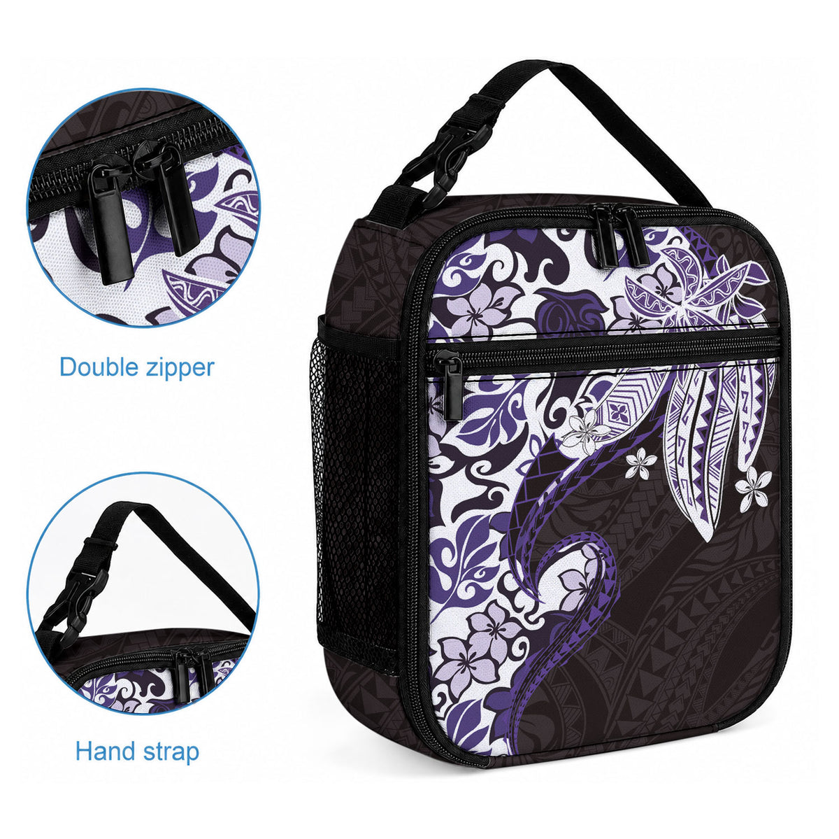 Monstera Plumeria Flowers Purple Lunch Bag Polynesian Pattern