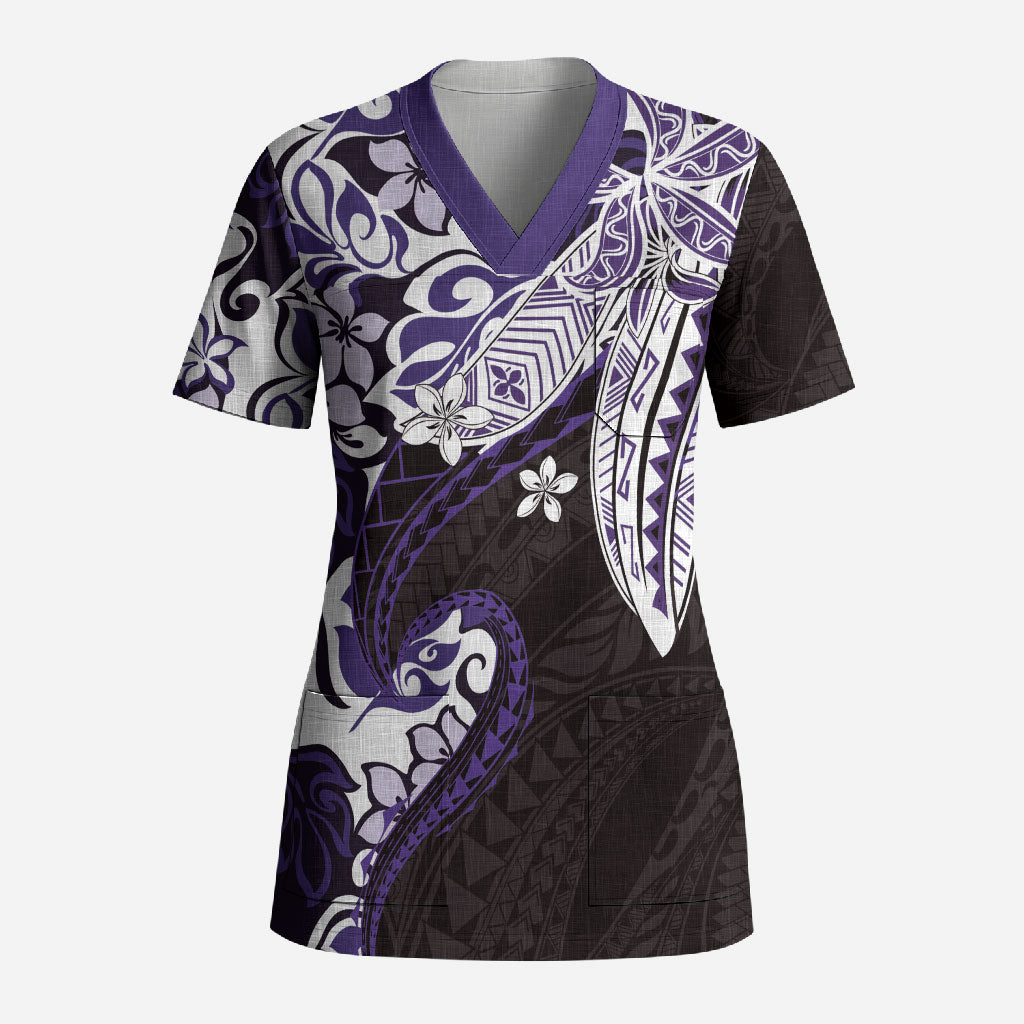 Monstera Plumeria Flowers Purple Scrub Top Polynesian Pattern LT01 Adult Purple - Polynesian Pride
