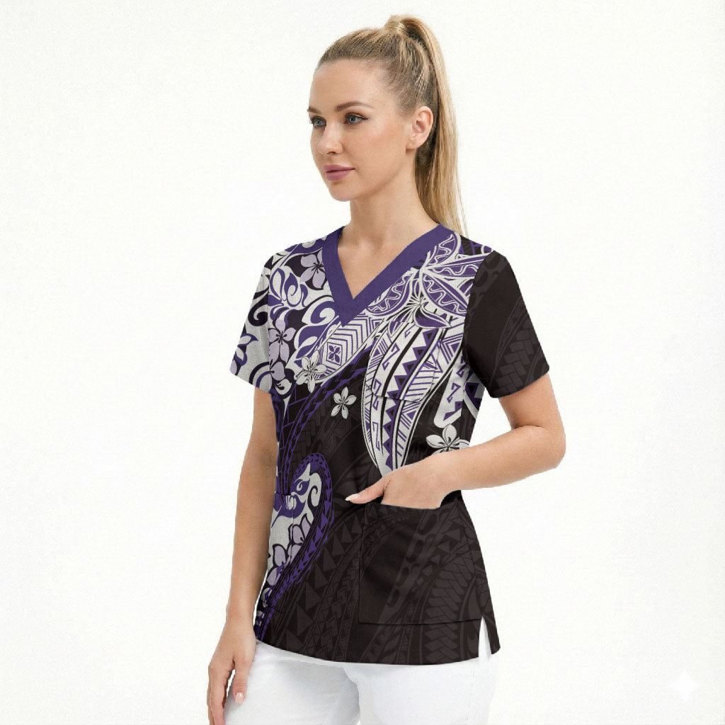 Monstera Plumeria Flowers Purple Scrub Top Polynesian Pattern LT01 - Polynesian Pride