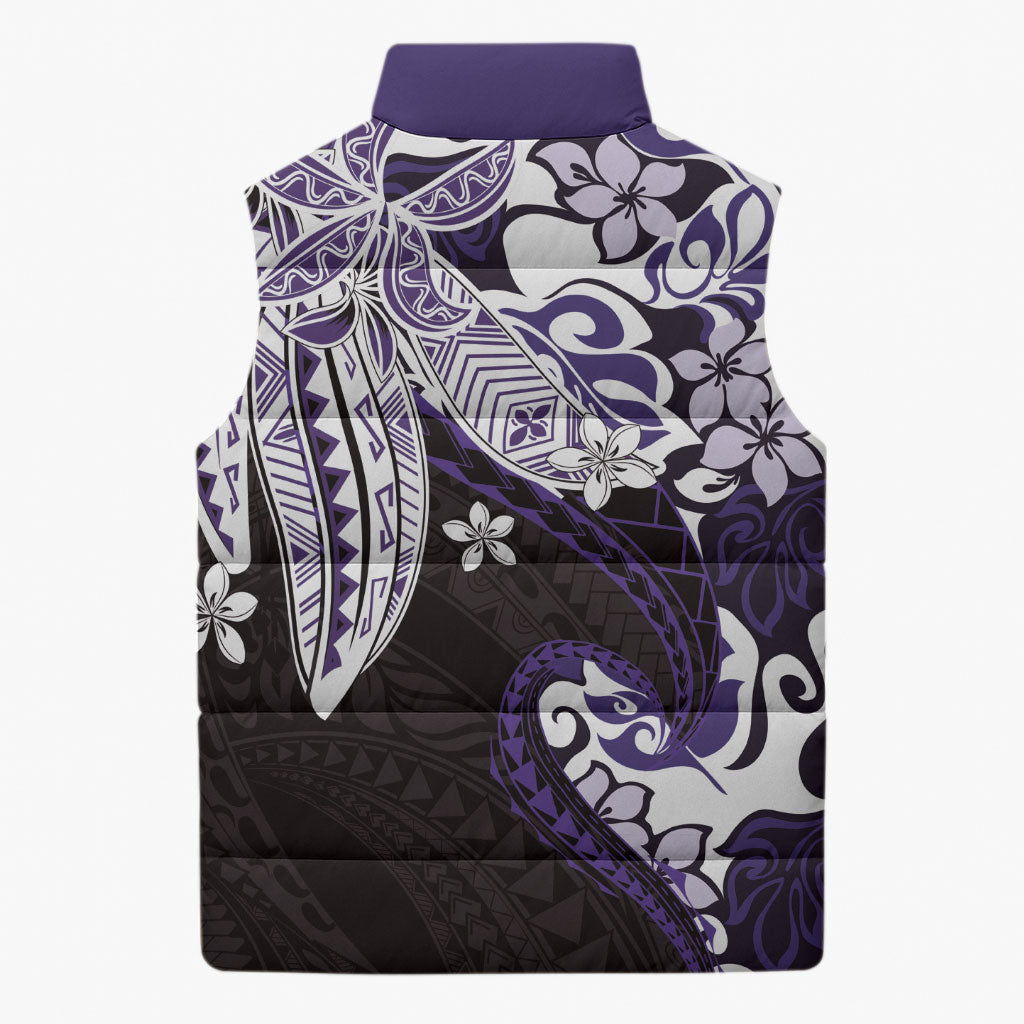 Monstera Plumeria Flowers Purple Sleeveless Puffer Jacket Polynesian Pattern LT01 - Polynesian Pride