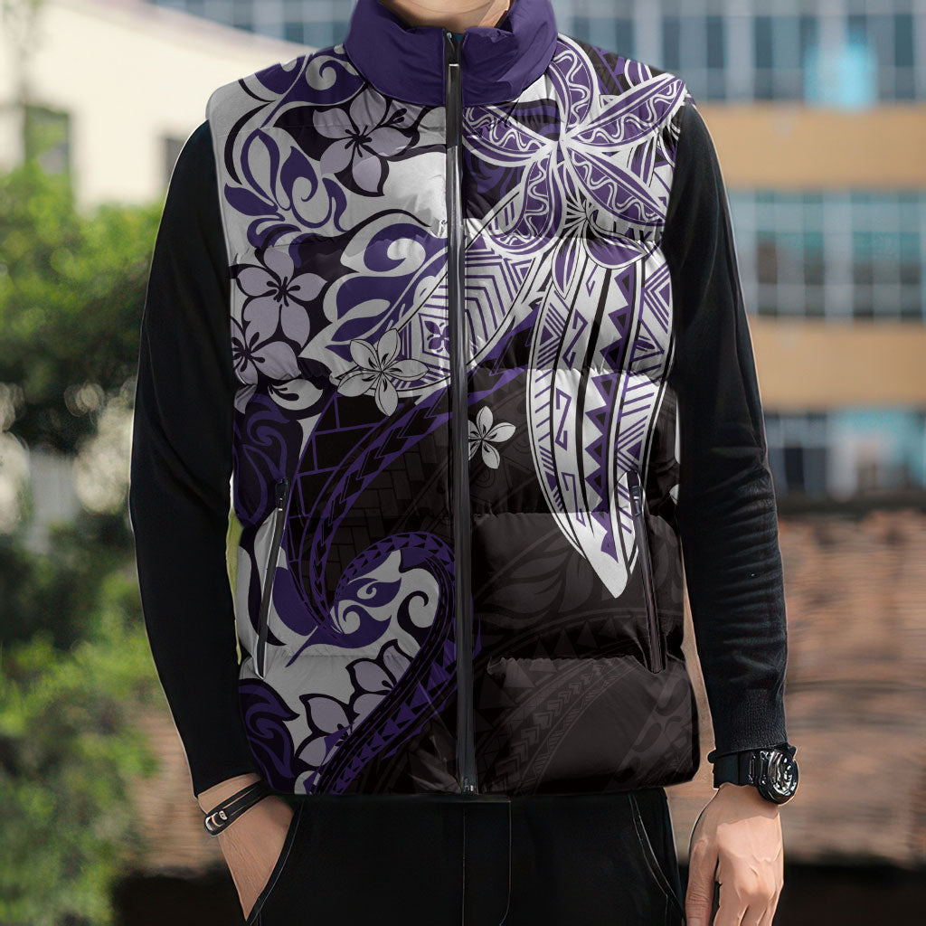 Monstera Plumeria Flowers Purple Sleeveless Puffer Jacket Polynesian Pattern LT01 - Polynesian Pride