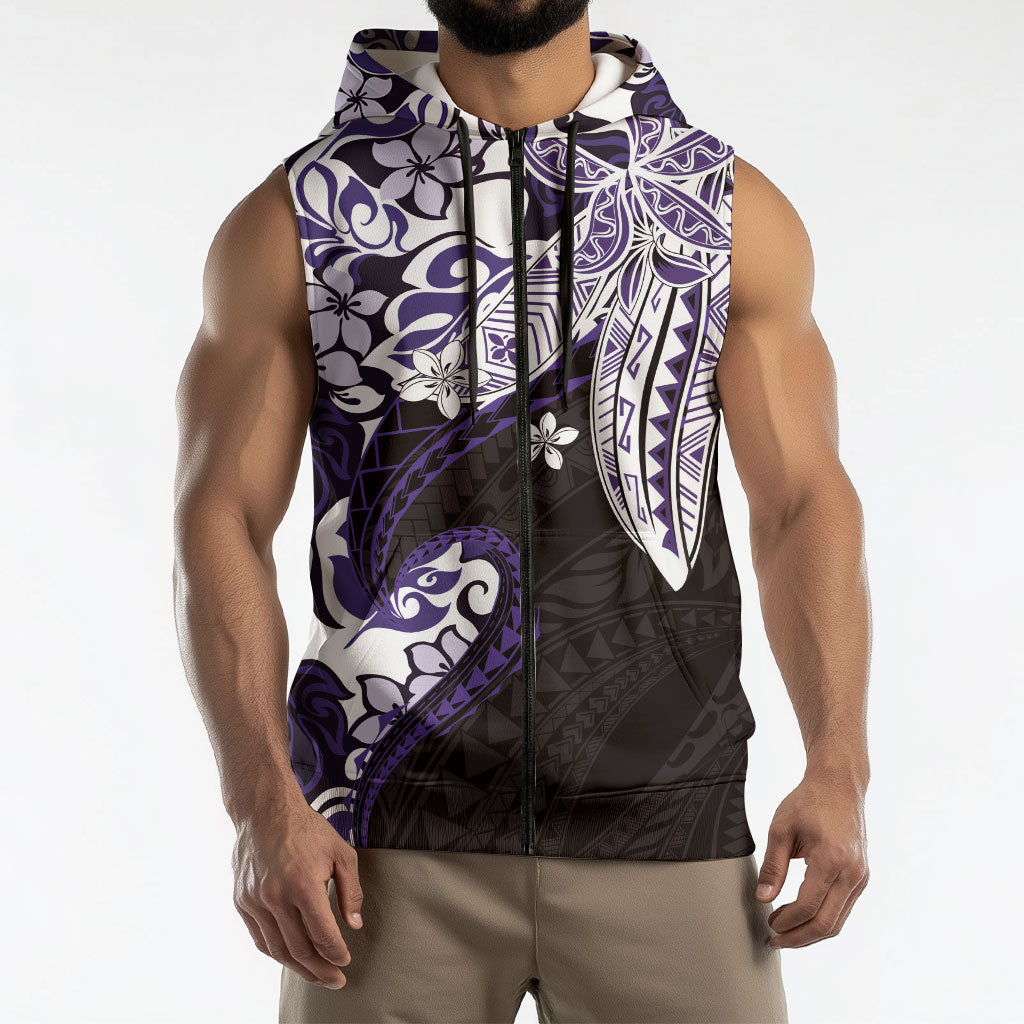Monstera Plumeria Flowers Purple Sleeveless Zip Hoodie Polynesian Pattern LT01 - Polynesian Pride