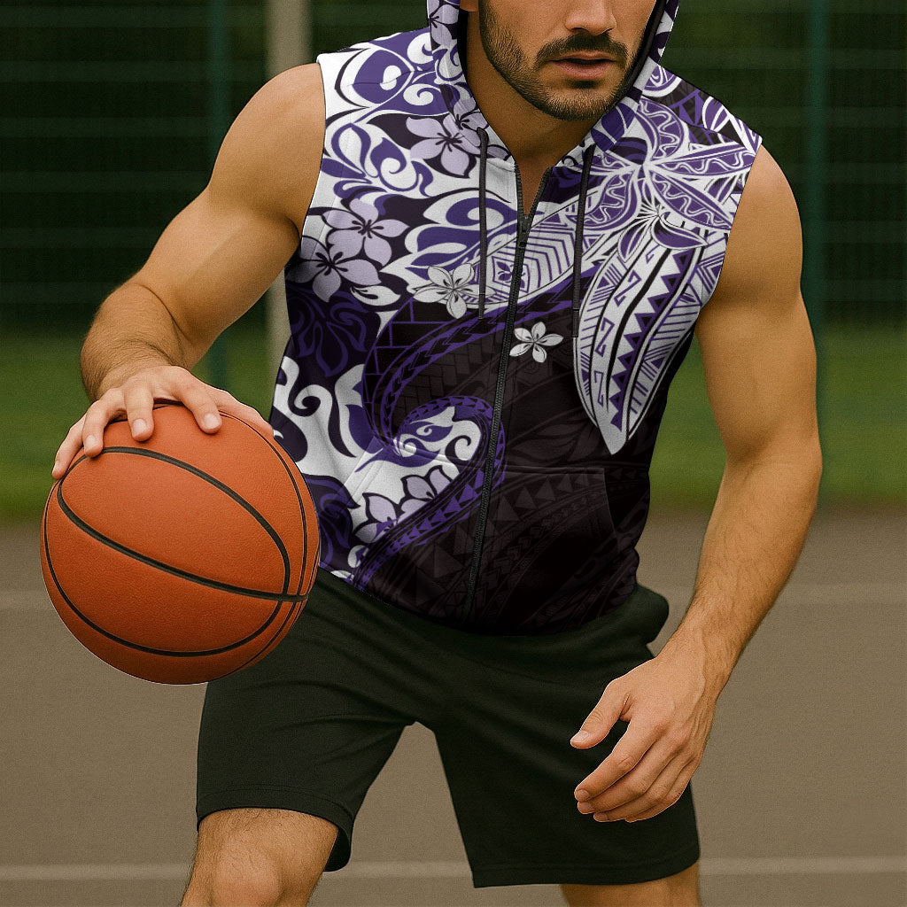 Monstera Plumeria Flowers Purple Sleeveless Zip Hoodie Polynesian Pattern LT01 - Polynesian Pride